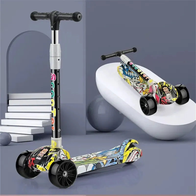 Trottinette enfant 3 roues à motifs graffiti – Réglable et lumineuse