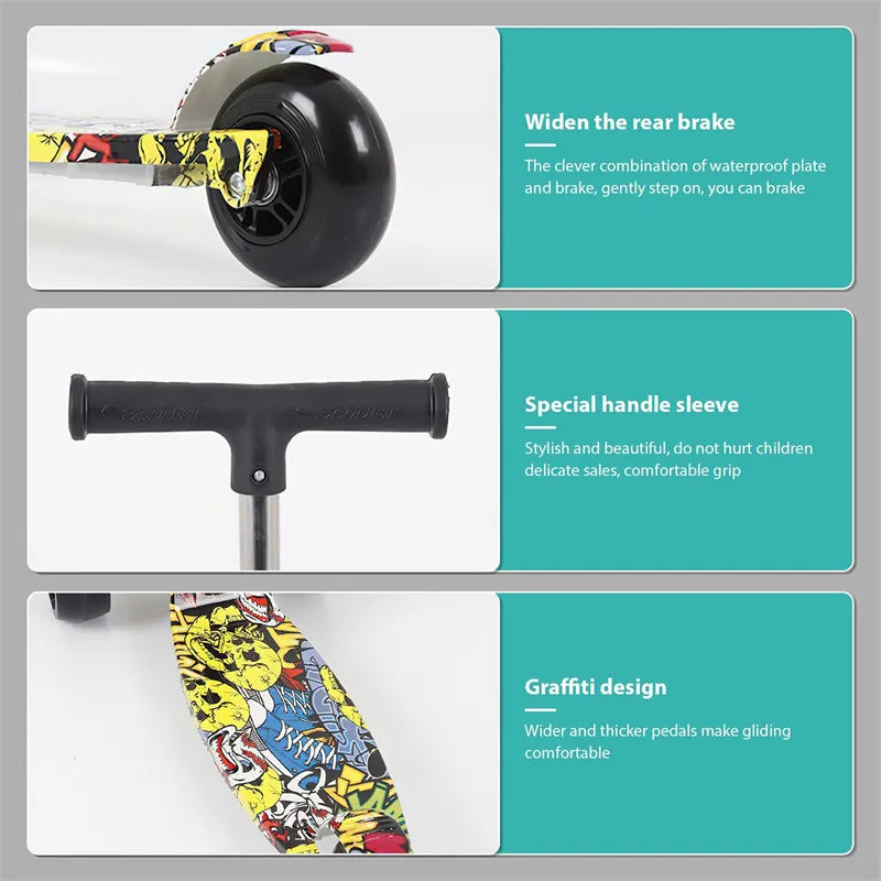 Trottinette enfant 3 roues à motifs graffiti – Réglable et lumineuse
