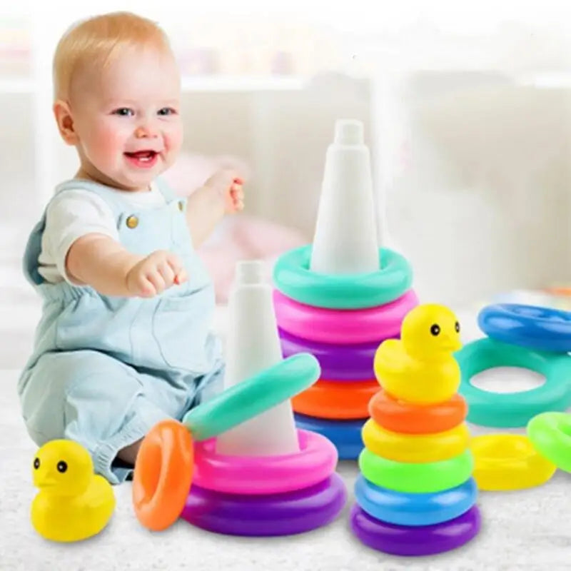 Tour Arc-en-Ciel du Canard Jaune – Jouet d’Éveil Empilable pour Bébés 0 à 3 Ans